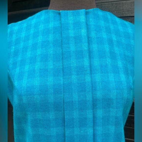 Vtg 60s Turquiose Plaid Sleeveless Mod Shift Dress M Tradwife Jackie O Ladylike - Picture 2 of 6